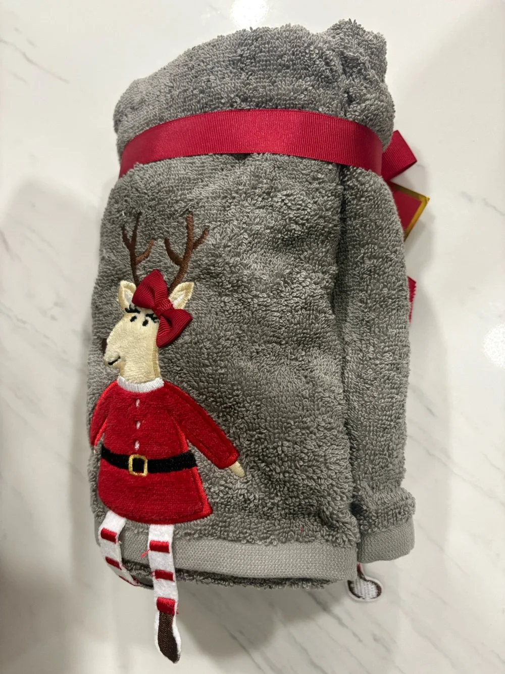 Gray Holiday Reindeer Hand Towel with Red Accent